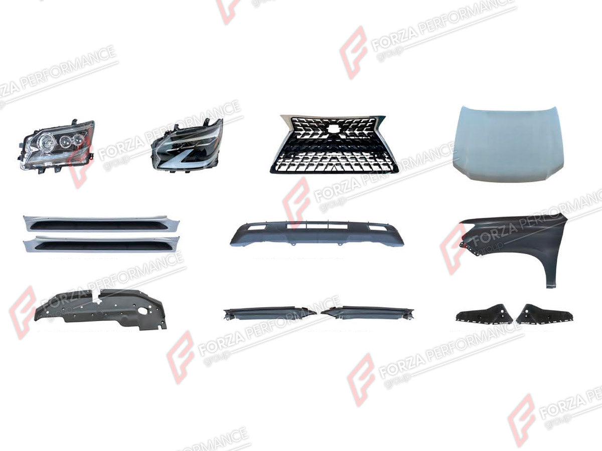BODY KIT for LEXUS GX460 J150 FACELIFT 2020 - 2023

Set includes:
Front Bumper
Front Grille
Headlights
Hood Bonnet
Fenders
Side Steps

Material: Plastic

NOTE: Professional installation is required.