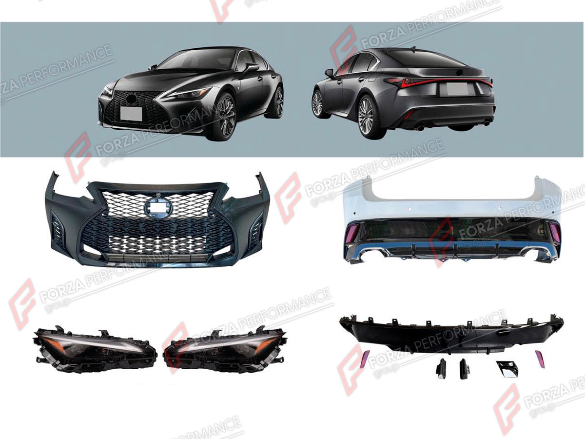 BODY KIT for LEXUS IS350 FACELIFT 2020+ FORZA PERFORMANCE custom fit F-Sport Style

Set includes:
Front Bumper Assembly
Headlights
Rear Bumper Assembly
Rear Diffuser

Material: Plastic

NOTE: Professional installation is required.