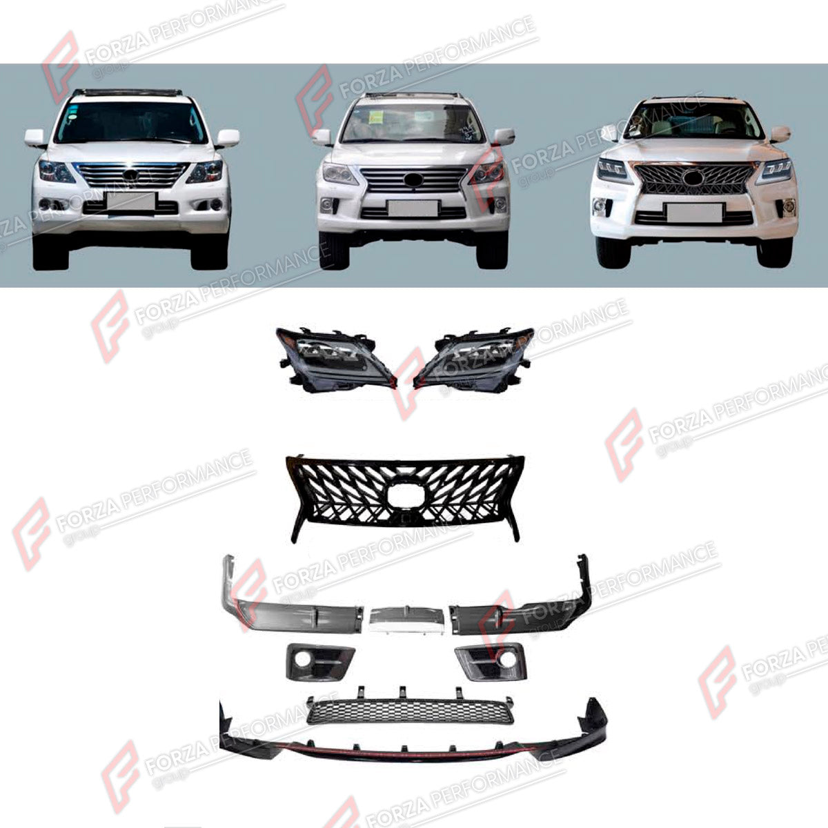 BODY KIT for LEXUS LX570 J200 FACELIFT 2012 - 2015 FORZA PERFORMANCE custom fit Sport Style
Set includes:

Front Lip
Front Grille
Headlights
Fog Lights
Rear Diffuser
Material: Plastic

NOTE: Professional installation is required.