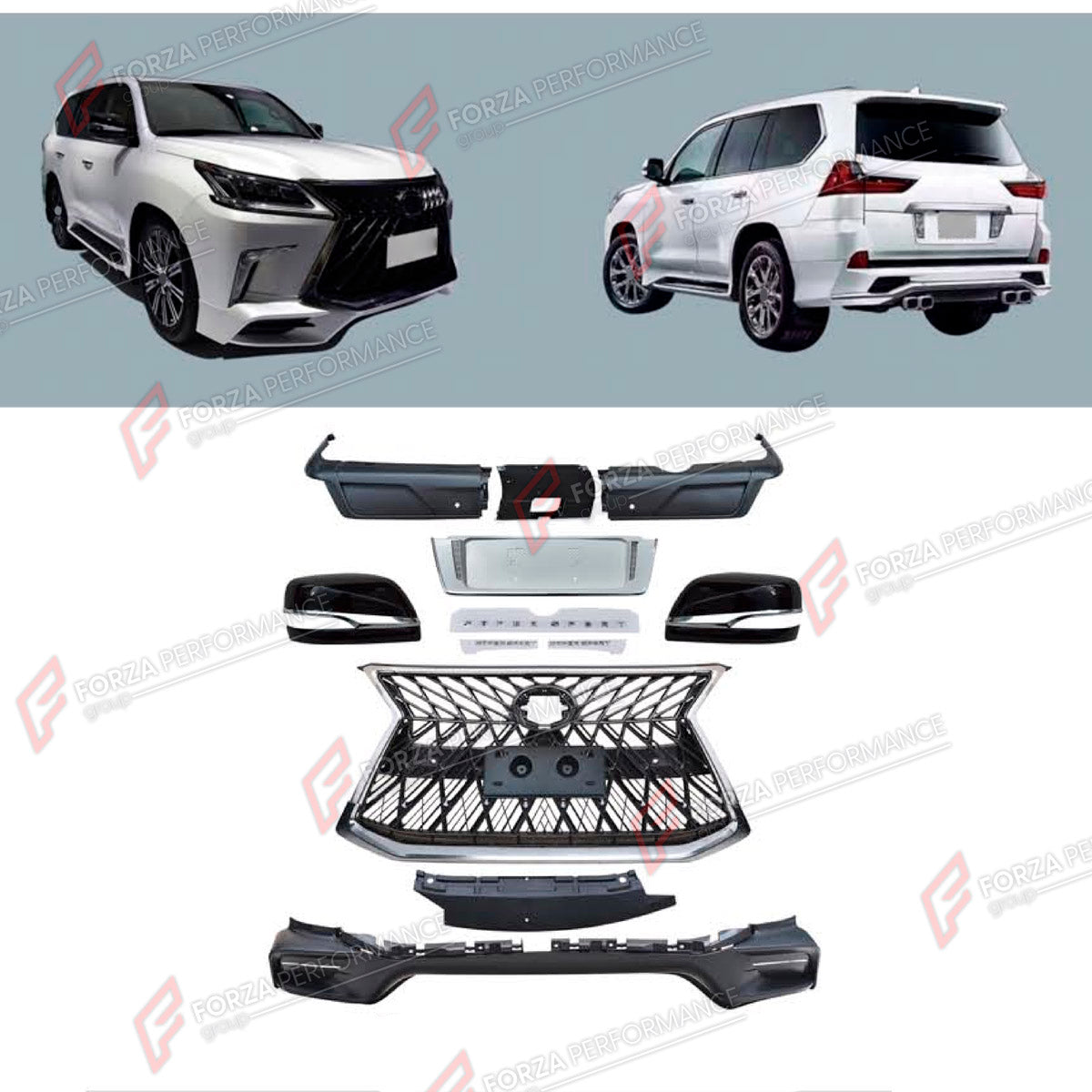BODY KIT for LEXUS LX570 J200 FACELIFT 2015 - 2023 FORZA PERFORMANCE custom fit TRD Style
Set includes:

Front Bumper
Front Grille
Side Mirror Covers
License Plate
Rear Diffuser
Material: Plastic

NOTE: Professional installation is required.