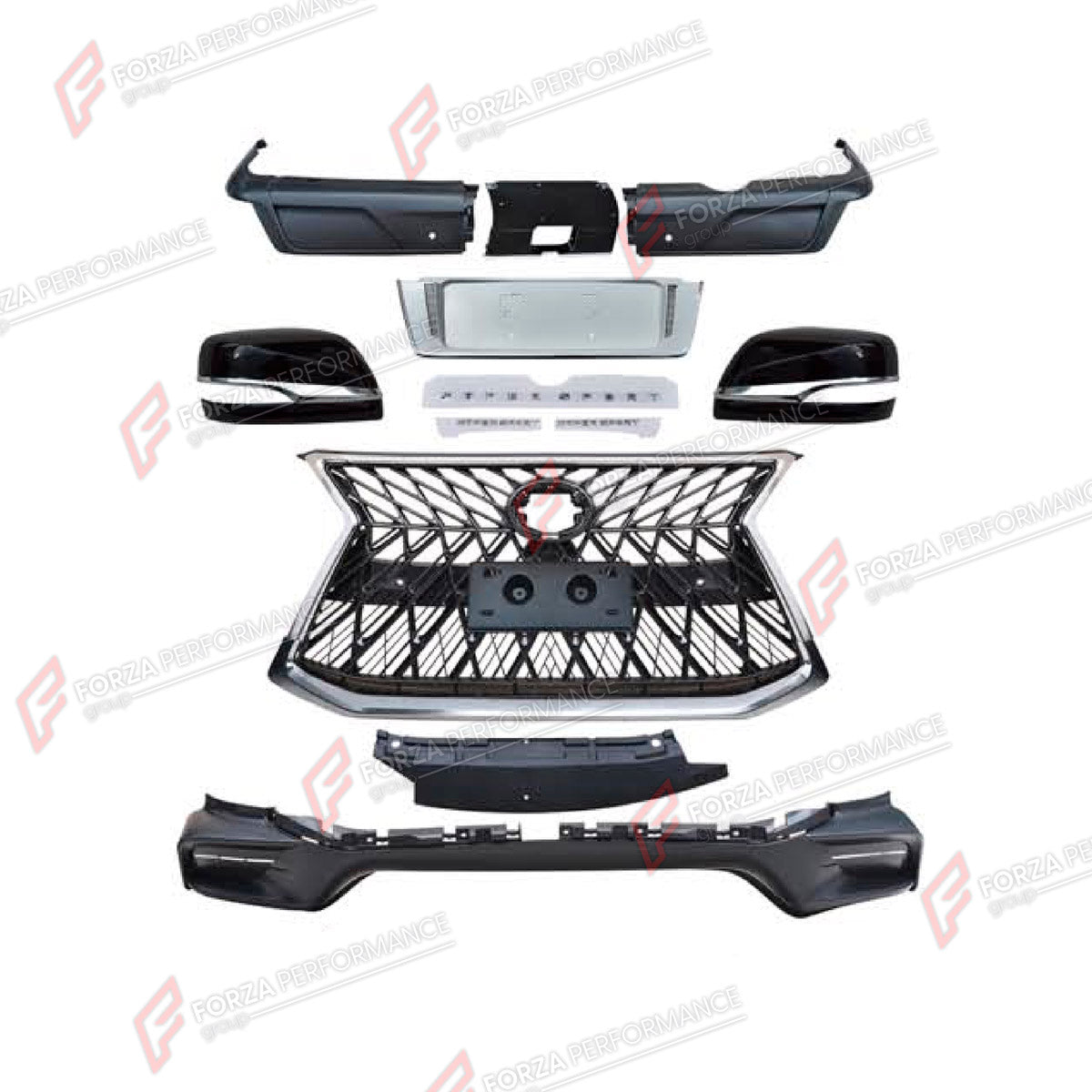 BODY KIT for LEXUS LX570 J200 FACELIFT 2015 - 2023 FORZA PERFORMANCE custom fit TRD Style
Set includes:

Front Bumper
Front Grille
Side Mirror Covers
License Plate
Rear Diffuser
Material: Plastic

NOTE: Professional installation is required.