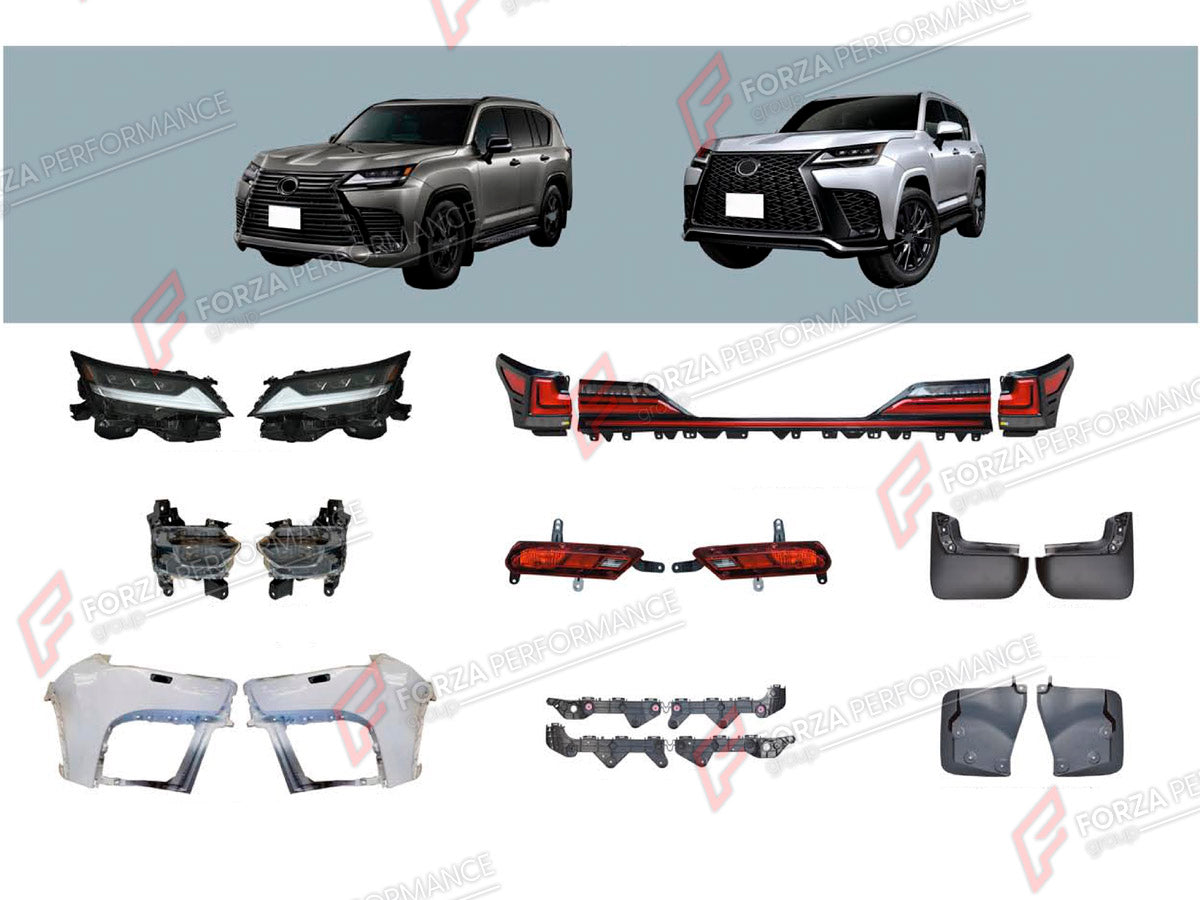 BODY KIT for LEXUS LX600 J300 2021+

Set includes:
Front Bumper Assembly
Headlights
Fog Lights
Tail Lights
Mud Flaps

Material: Plastic

NOTE: Professional installation is required.