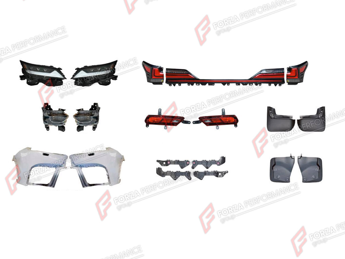BODY KIT for LEXUS LX600 J300 2021+

Set includes:
Front Bumper Assembly
Headlights
Fog Lights
Tail Lights
Mud Flaps

Material: Plastic

NOTE: Professional installation is required.