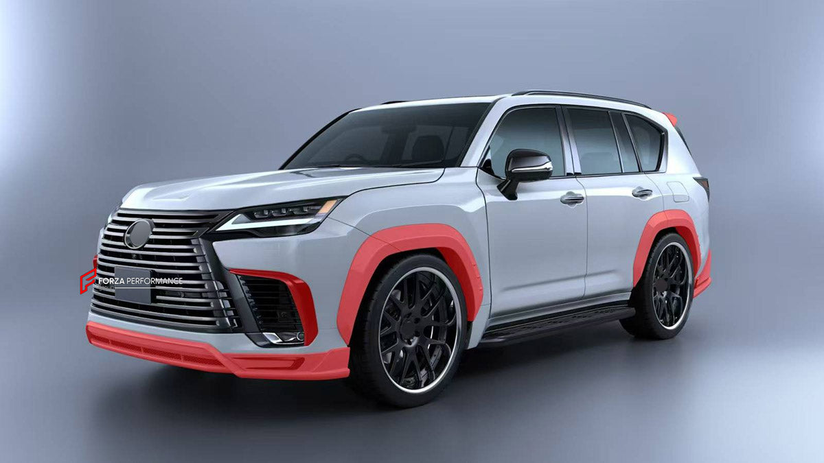 BODY KIT for LEXUS LX600 LX700 J300 2021+ FORZA PERFORMANCE custom fit Artisan Style

Set includes:
Front Lip
Front Bumper Air Vent Covers
Fender Flares
Roof Spoiler
Ducktail Spoiler
Rear Diffuser

Material: Plastic

NOTE: Professional installation is required.