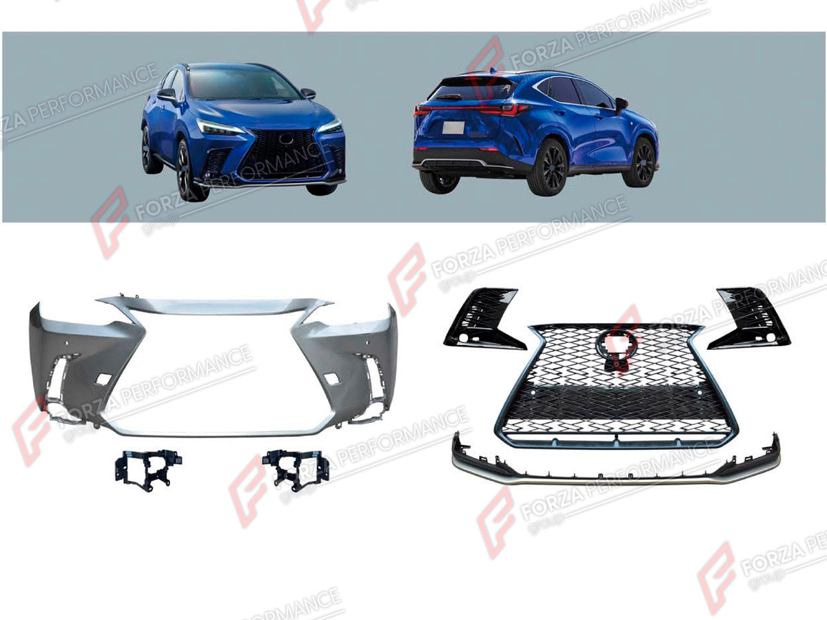 BODY KIT for LEXUS NX350 2021+ FORZA PERFORMANCE custom fit F-Sport Style
Set includes:

Front Lip
Front Bumper Assembly
Front Grille
Material: Plastic

NOTE: Professional installation is required.