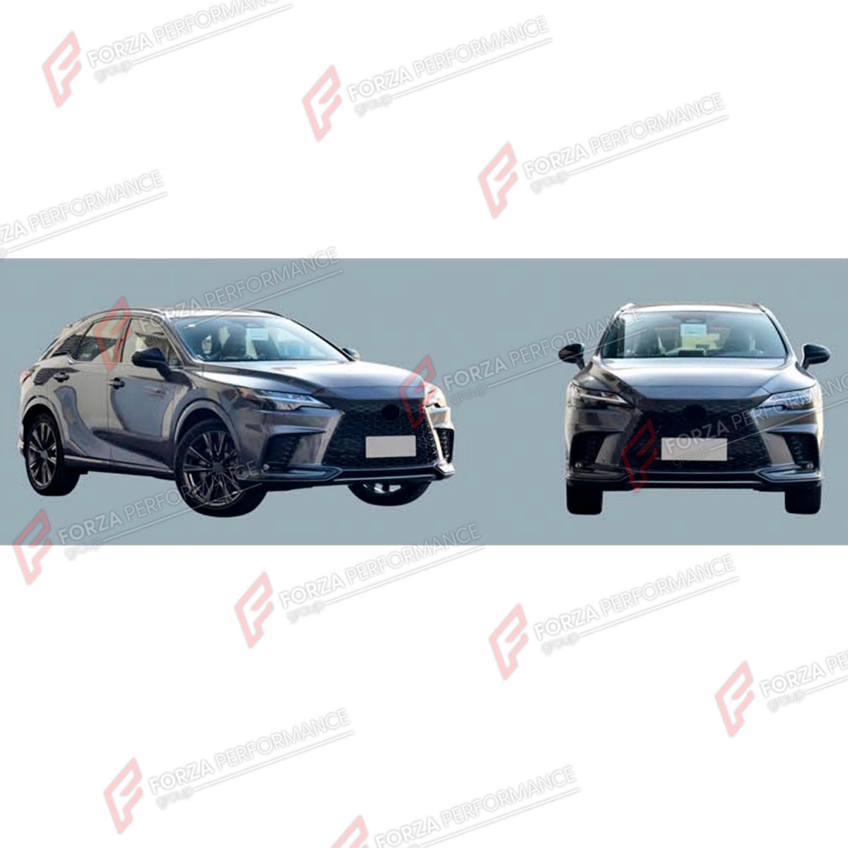 BODY KIT for LEXUS RX350 AL30 2022+ FORZA PERFORMANCE custom fit F-Sport Style

Set includes:
Front Lip
Front Bumper
Front Grille
Headlights
Fog Lights Covers
License Plate
Front Fender Flares
Rear Fender Flares

Material: Plastic

NOTE: Professional installation is required.