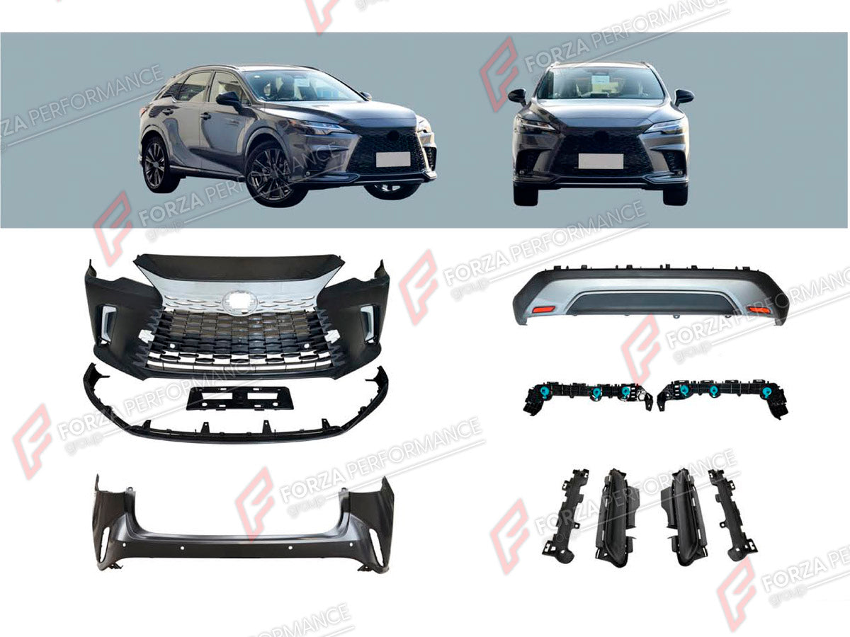 BODY KIT for LEXUS RX350 AL30 2022+ FORZA PERFORMANCE custom fit OEM Style

Set includes:
Front Lip
Front Bumper Assembly
Rear Bumper Assembly
Rear Diffuser

Material: Plastic

NOTE: Professional installation is required.