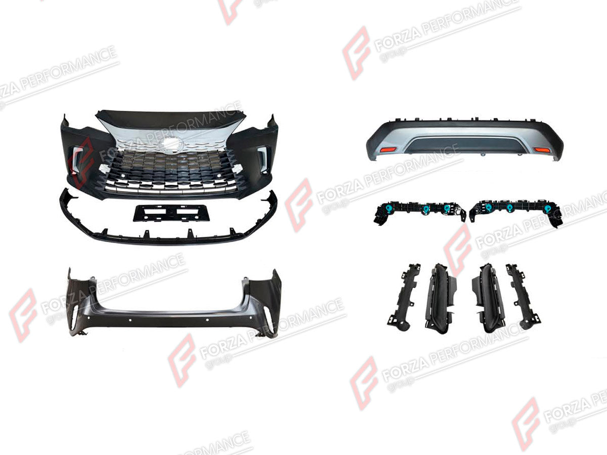 BODY KIT for LEXUS RX350 AL30 2022+ FORZA PERFORMANCE custom fit OEM Style

Set includes:
Front Lip
Front Bumper Assembly
Rear Bumper Assembly
Rear Diffuser

Material: Plastic

NOTE: Professional installation is required.