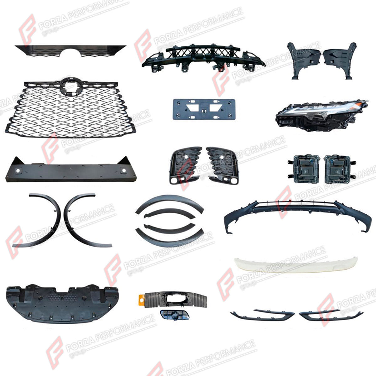 BODY KIT for LEXUS RX350 AL30 2022+ FORZA PERFORMANCE custom fit F-Sport Style

Set includes:
Front Lip
Front Bumper
Front Grille
Headlights
Fog Lights Covers
License Plate
Front Fender Flares
Rear Fender Flares

Material: Plastic

NOTE: Professional installation is required.