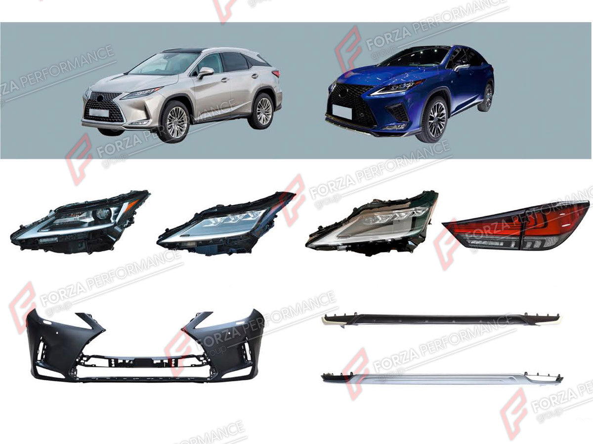 BODY KIT for LEXUS RX450 AL20 FACELIFT 2019 - 2023 FORZA PERFORMANCE custom fit F-Sport Style

Set includes:
Front Bumper
Headlights
Tail Lights
Rear Diffuser

Material: Plastic

NOTE: Professional installation is required.