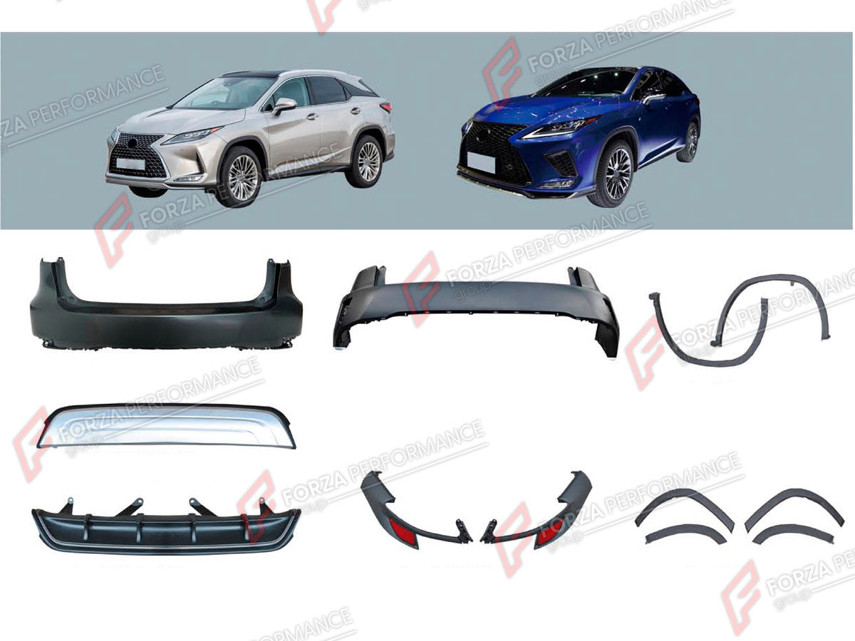 BODY KIT for LEXUS RX450 AL20 FACELIFT 2019 - 2023 FORZA PERFORMANCE custom fit F-Sport Style

Set includes:
Front Fender Flares
Rear Fender Flares
Rear Bumper Assembly

Material: Plastic

NOTE: Professional installation is required.