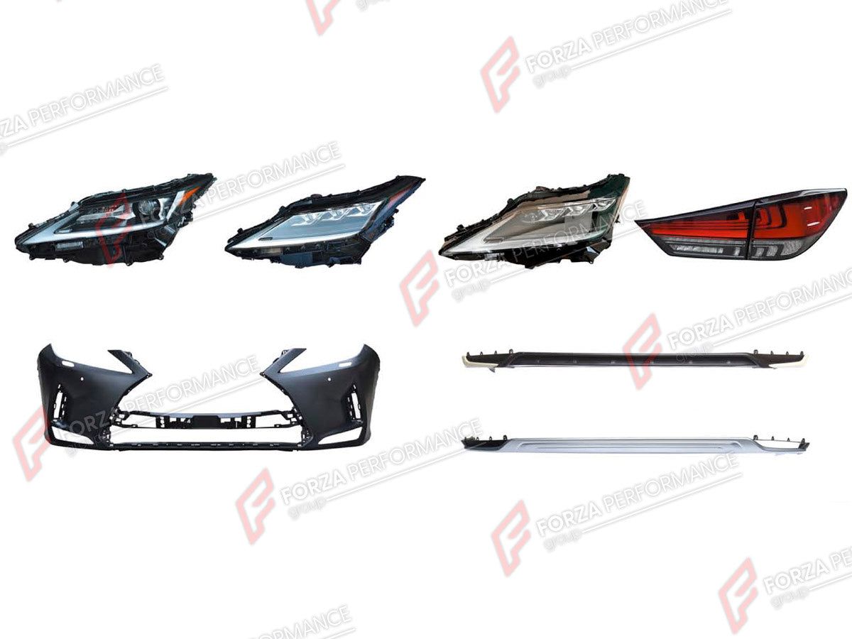 BODY KIT for LEXUS RX450 AL20 FACELIFT 2019 - 2023 FORZA PERFORMANCE custom fit F-Sport Style

Set includes:
Front Bumper
Headlights
Tail Lights
Rear Diffuser

Material: Plastic

NOTE: Professional installation is required.