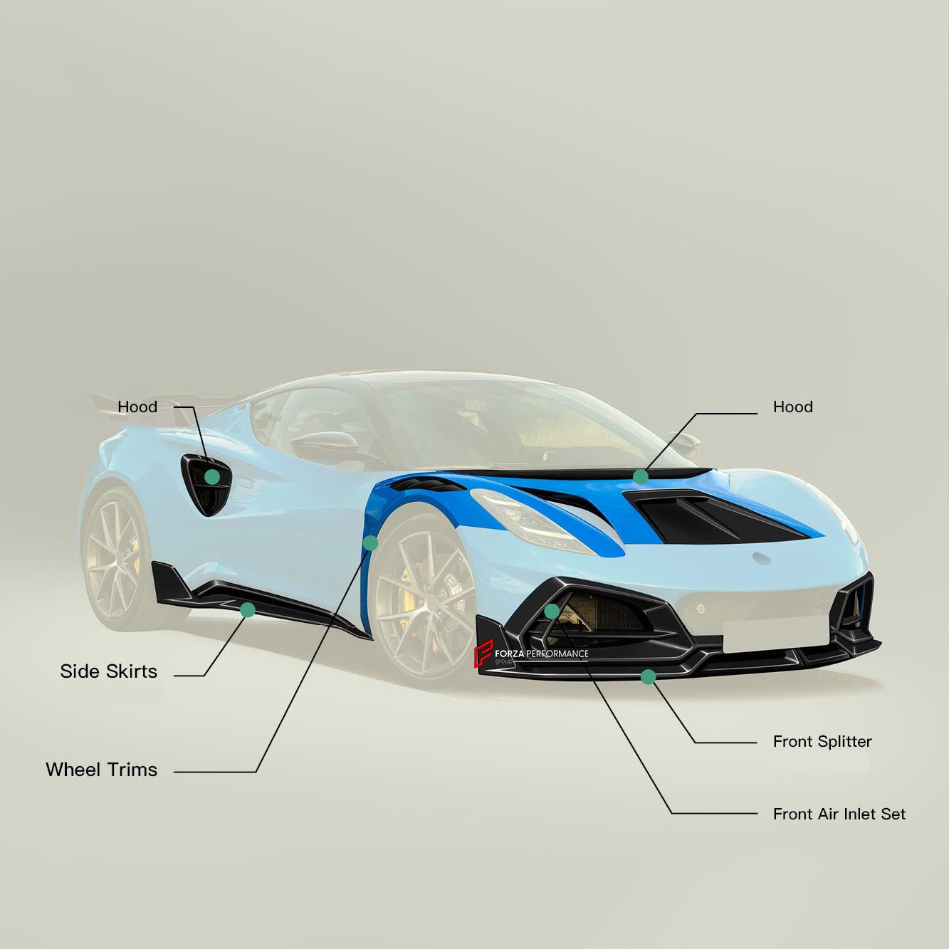 BODY KIT for LOTUS EMIRA

Set includes:

Front Lip
Front Air Vents

Fender Trims
Side Skirts

Side Air Vents
Rear Spoiler (2 options)

Rear Air Duct
Rear Diffuser

Material: Plastic

Note: Professional installation is required.