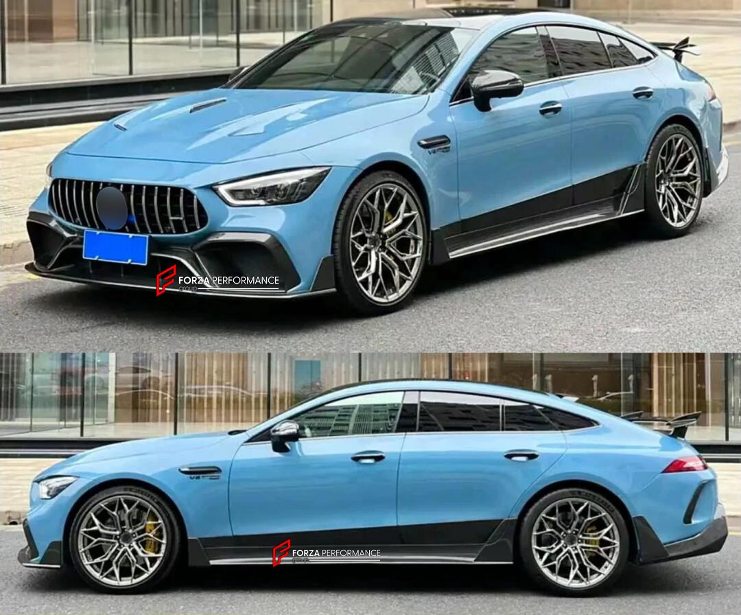 BODY KIT for Mercedes-Benz AMG GT 4 DOOR X290 2018+
Set includes:

Front Lip
Front Bumper
Front Bumper Trims
Hood Bonnet
Fender Flares
Side Skirts
Rear Bumper
Rear Bumper Trims
Rear Diffuser
Material: Plastic

NOTE: Professional installation is required