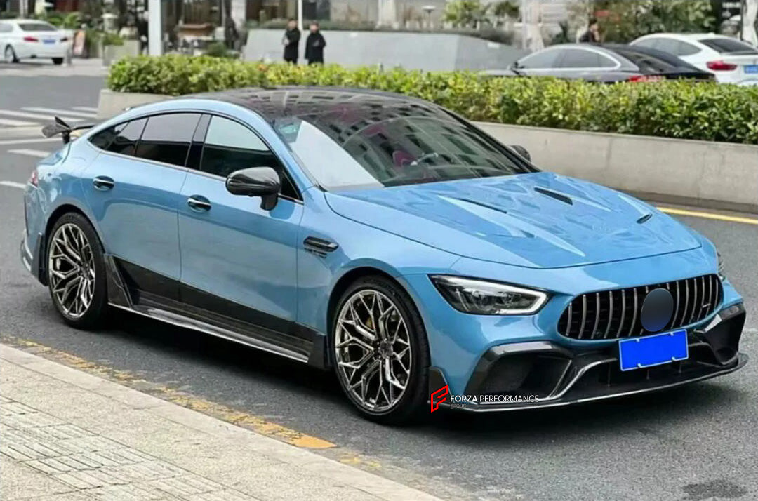 BODY KIT for Mercedes-Benz AMG GT 4 DOOR X290 2018+
Set includes:

Front Lip
Front Bumper
Front Bumper Trims
Hood Bonnet
Fender Flares
Side Skirts
Rear Bumper
Rear Bumper Trims
Rear Diffuser
Material: Plastic

NOTE: Professional installation is required