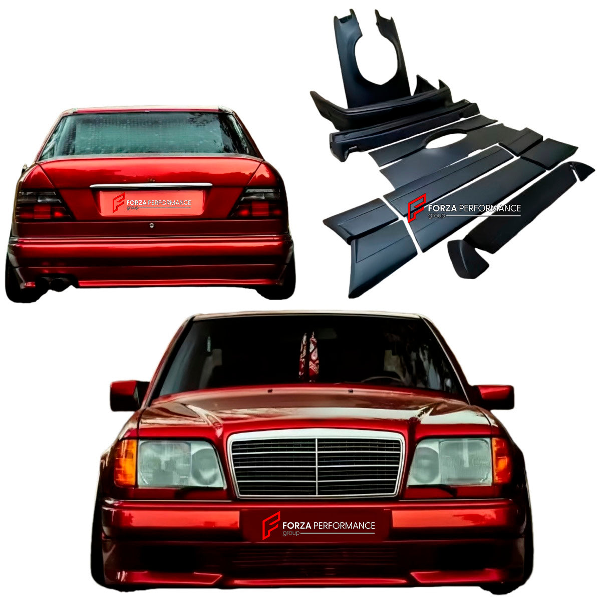 BODY KIT for Mercedes Benz E CLASS W124 1995+
Set includes:

Front Bumper
Front Fenders
Side Skirts
Side Moldings
Rear Fenders
Rear Bumper
Material: Plastic

NOTE: Professional installation is required.