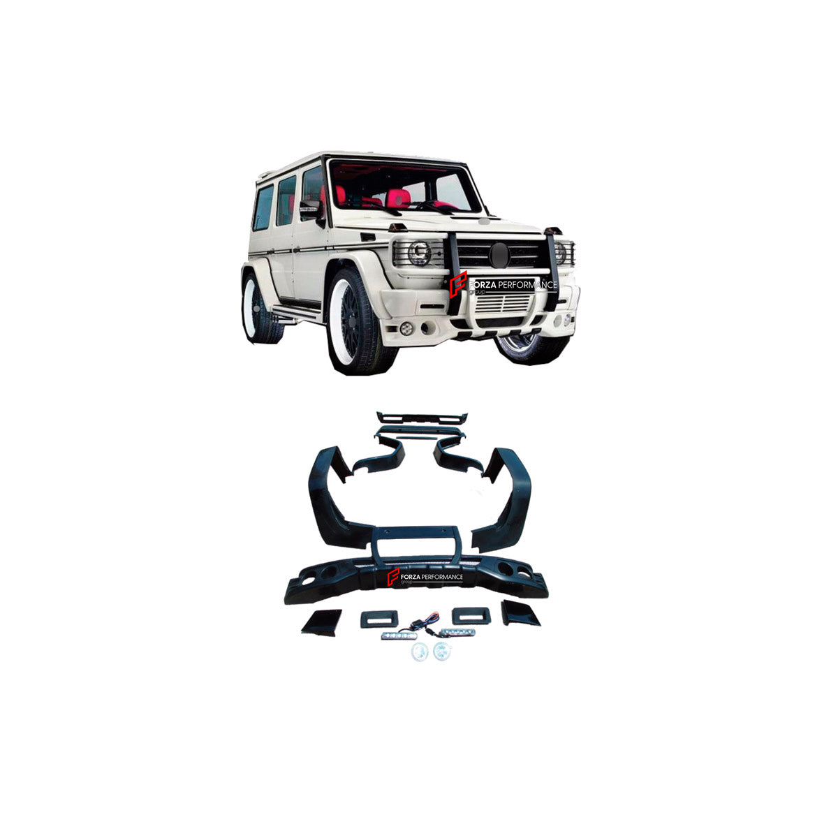 BODY KIT for MERCEDES-BENZ G-CLASS W463 2008 - 2018 FORZA PERFORMANCE custom fit HM
Set includes:

Front Bumper Assembly
Front Fenders
Rear Fenders
Rear Bumper Assembly
Rear Diffuser
Material: Plastic

NOTE: Professional installation is required.