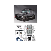 BODY KIT for MERCEDES-BENZ G-CLASS W463 G55 2008 - 2018 FORZA PERFORMANCE custom fit Retro Off-road
Set includes:

Front Lip
Front Grille
Hood Bonnet
Front Fender Flares
Roof Light Bar
Roof Rack Bar Luggage
Hard Sided Roof Top Tent
Side Snorkels
Body Side Door Moldings
Side Skirts
Rear Fender Flares
Material: Plastic

NOTE: Professional installation is required.