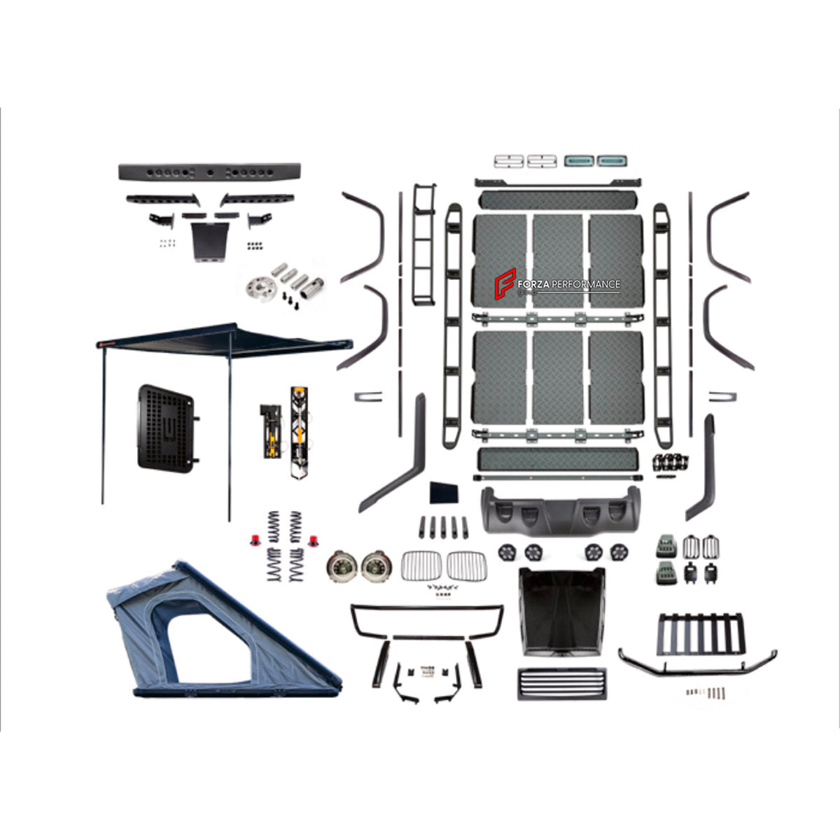 BODY KIT for MERCEDES-BENZ G-CLASS W463 G55 2008 - 2018 FORZA PERFORMANCE custom fit Retro Off-road
Set includes:

Front Lip
Front Grille
Hood Bonnet
Front Fender Flares
Roof Light Bar
Roof Rack Bar Luggage
Hard Sided Roof Top Tent
Side Snorkels
Body Side Door Moldings
Side Skirts
Rear Fender Flares
Material: Plastic

NOTE: Professional installation is required.