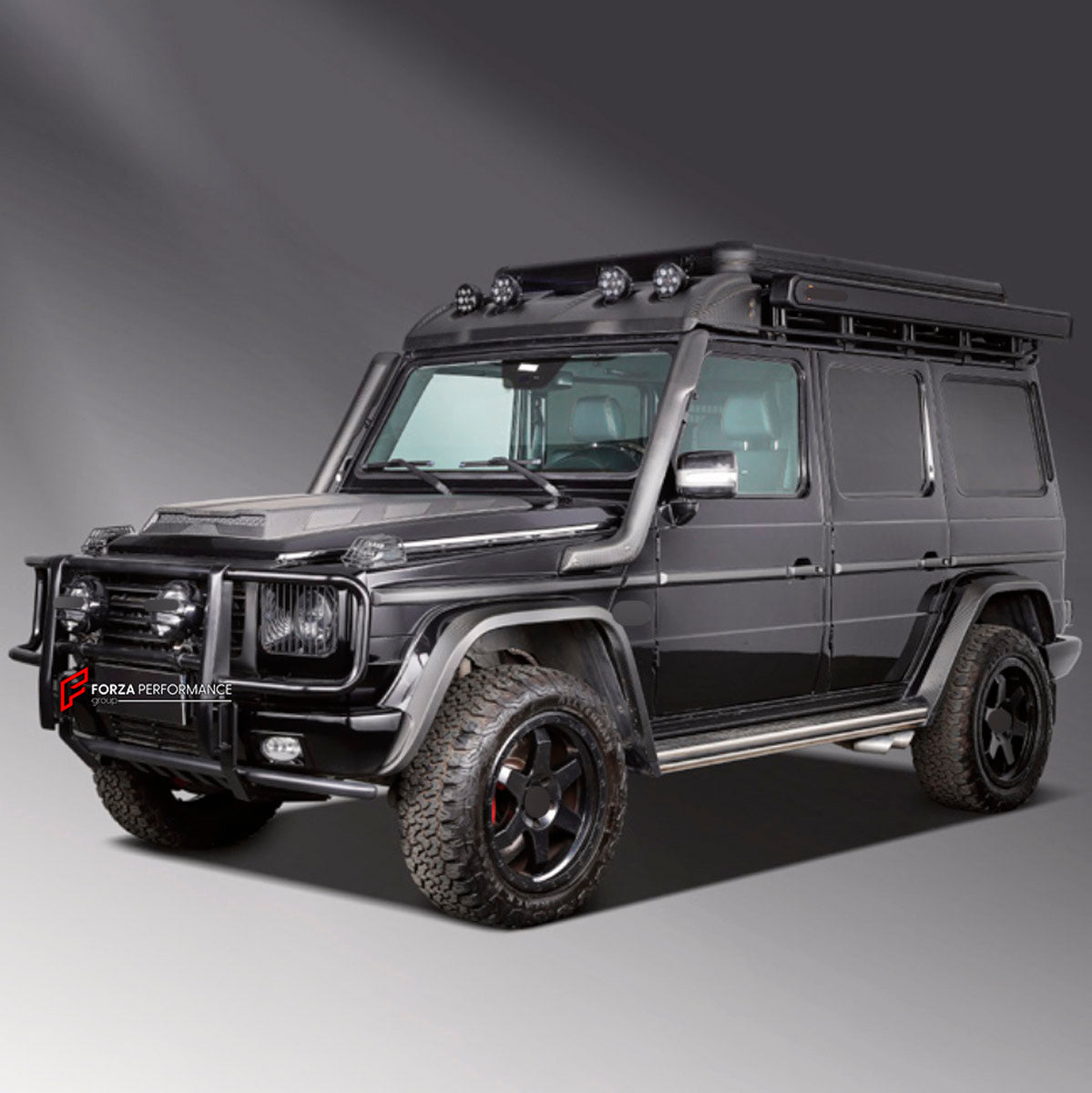 BODY KIT for MERCEDES-BENZ G-CLASS W463 G55 2008 - 2018 FORZA PERFORMANCE custom fit Retro Off-road
Set includes:

Front Lip
Front Grille
Hood Bonnet
Front Fender Flares
Roof Light Bar
Roof Rack Bar Luggage
Hard Sided Roof Top Tent
Side Snorkels
Body Side Door Moldings
Side Skirts
Rear Fender Flares
Material: Plastic

NOTE: Professional installation is required.