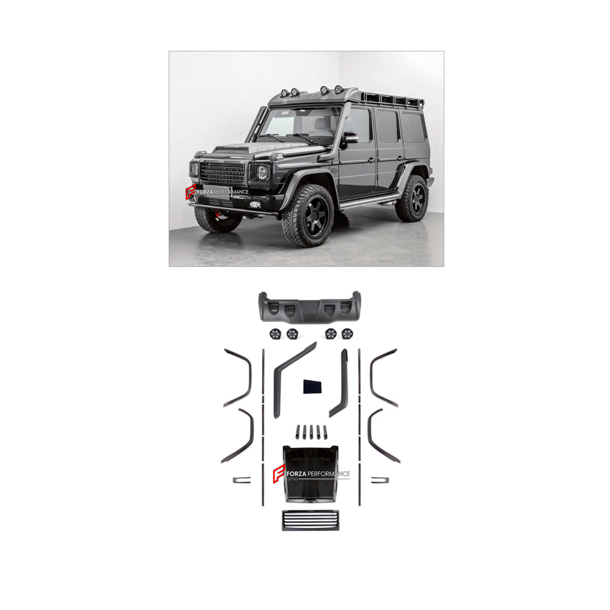 BODY KIT for MERCEDES-BENZ G-CLASS W463 G55 2008 - 2018 FORZA PERFORMANCE custom fit TI MECH II
Set includes:

Front Grille
Hood Bonnet
Front Fender Flares
Roof Light Bar
Side Snorkels
Body Side Door Moldings
Side Skirts
Rear Fender Flares
Material: Plastic

NOTE: Professional installation is required.