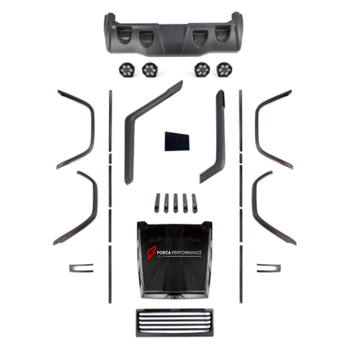 BODY KIT for MERCEDES-BENZ G-CLASS W463 G55 2008 - 2018 FORZA PERFORMANCE custom fit TI MECH II
Set includes:

Front Grille
Hood Bonnet
Front Fender Flares
Roof Light Bar
Side Snorkels
Body Side Door Moldings
Side Skirts
Rear Fender Flares
Material: Plastic

NOTE: Professional installation is required.