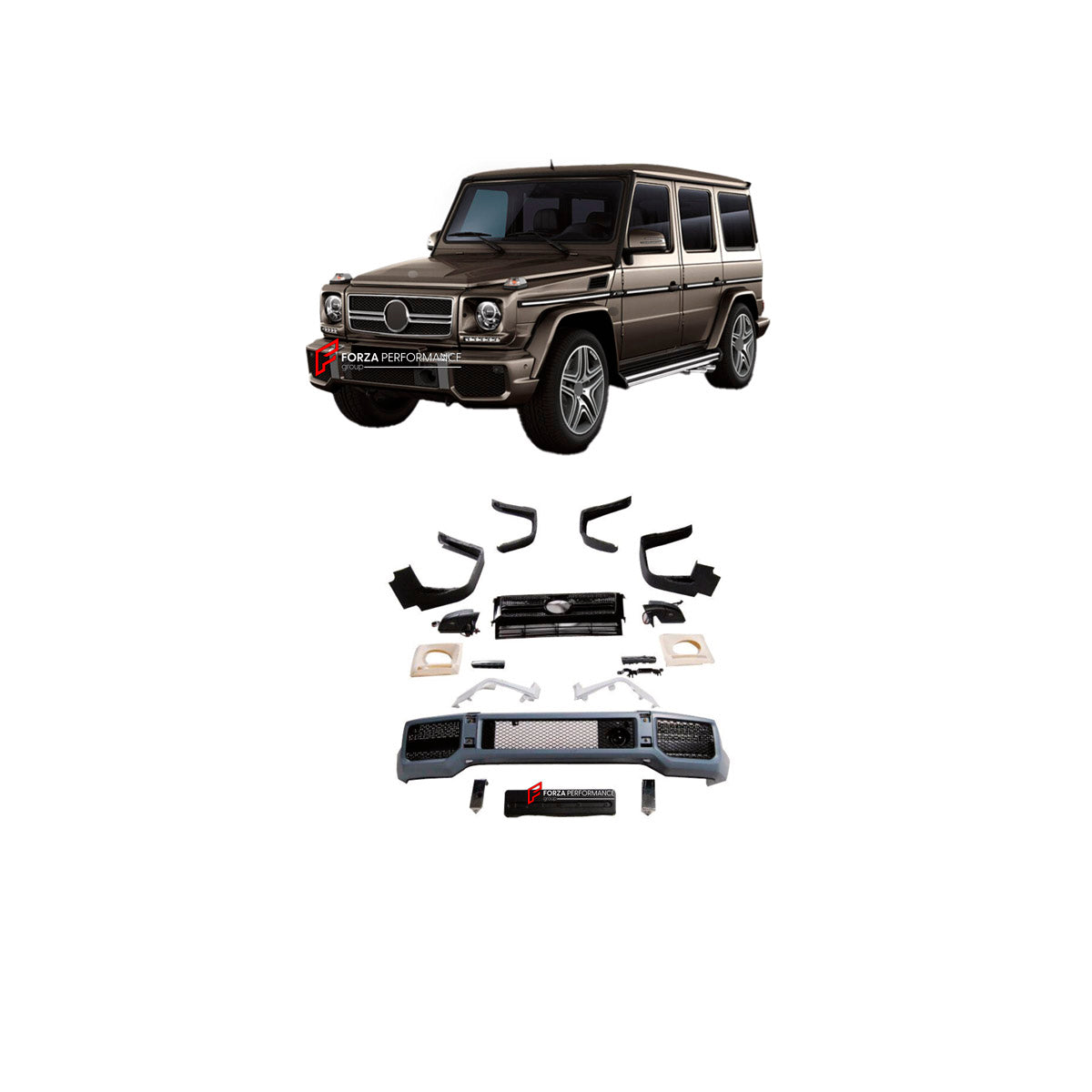 BODY KIT for MERCEDES-BENZ G-CLASS W463 G63 2008 - 2018 FORZA PERFORMANCE custom fit TI
Set includes:

Front Bumper Assembly
Front Grille
Front Fender Flares
Rear Fender Flares
Material: Plastic

NOTE: Professional installation is required.