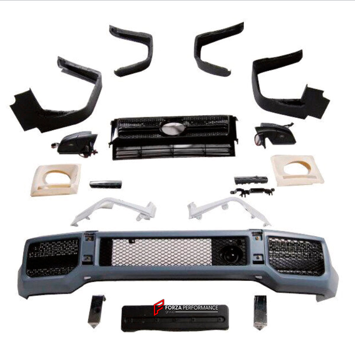 BODY KIT for MERCEDES-BENZ G-CLASS W463 G63 2008 - 2018 FORZA PERFORMANCE custom fit TI
Set includes:

Front Bumper Assembly
Front Grille
Front Fender Flares
Rear Fender Flares
Material: Plastic

NOTE: Professional installation is required.
