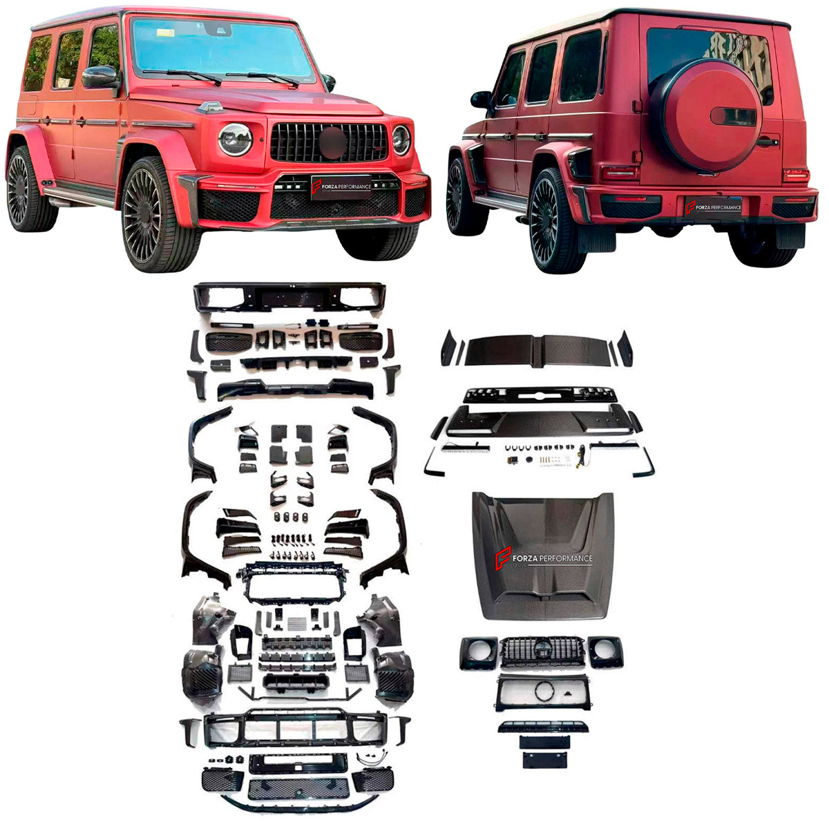 BODY KIT for Mercedes Benz G Class W465 G63 G500 2024+
Set includes:

Front Lip
Front Bumper Assembly
Front Grille
License Plate
Hood Bonnet
Front Fenders
Side Mirror Covers
Roof Light Bar
Rear Fenders
Roof Spoiler
Rear Diffuser
Rear Bumper Assembly
Material: Plastic

NOTE: Professional installation is required.