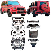 BODY KIT for Mercedes Benz G Class W465 G63 G500 2024+
Set includes:

Front Lip
Front Bumper Assembly
Front Grille
License Plate
Hood Bonnet
Front Fenders
Side Mirror Covers
Roof Light Bar
Rear Fenders
Roof Spoiler
Rear Diffuser
Rear Bumper Assembly
Material: Plastic

NOTE: Professional installation is required.