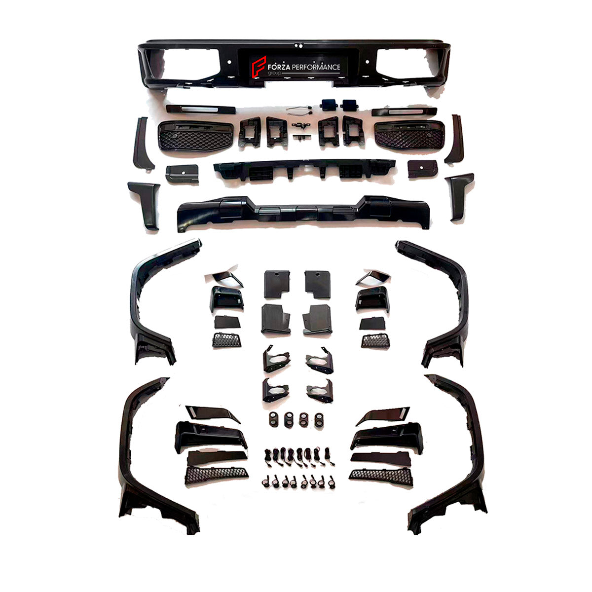BODY KIT for Mercedes Benz G Class W465 G63 G500 2024+
Set includes:

Front Lip
Front Bumper Assembly
Front Grille
License Plate
Hood Bonnet
Front Fenders
Side Mirror Covers
Roof Light Bar
Rear Fenders
Roof Spoiler
Rear Diffuser
Rear Bumper Assembly
Material: Plastic

NOTE: Professional installation is required.