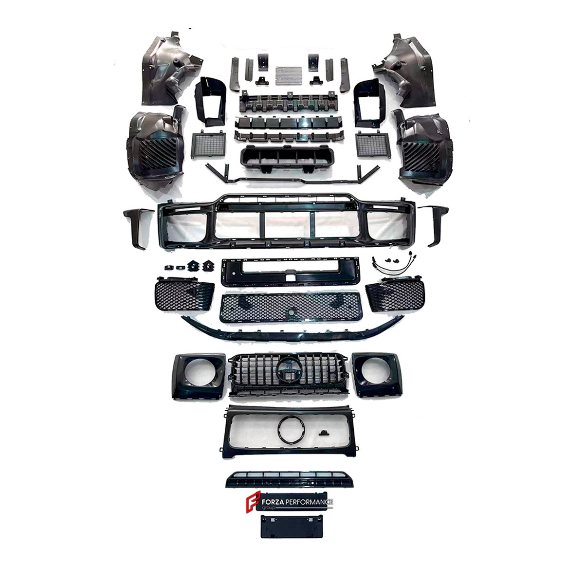 BODY KIT for Mercedes Benz G Class W465 G63 G500 2024+
Set includes:

Front Lip
Front Bumper Assembly
Front Grille
License Plate
Hood Bonnet
Front Fenders
Side Mirror Covers
Roof Light Bar
Rear Fenders
Roof Spoiler
Rear Diffuser
Rear Bumper Assembly
Material: Plastic

NOTE: Professional installation is required.
