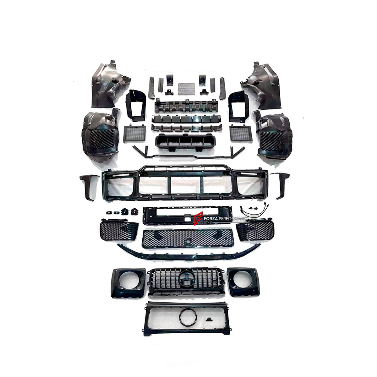 BODY KIT for Mercedes Benz G Class W465 G63 G500 2024+
Set includes:

Front Lip
Front Bumper Assembly
Front Grille
License Plate
Hood Bonnet
Front Fenders
Side Mirror Covers
Roof Light Bar
Rear Fenders
Roof Spoiler
Rear Diffuser
Rear Bumper Assembly
Material: Plastic

NOTE: Professional installation is required.