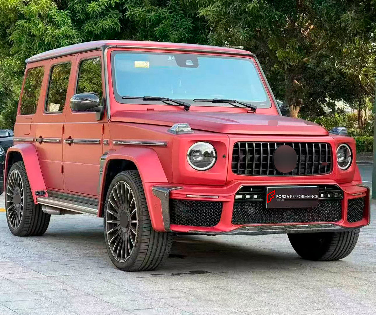 BODY KIT for Mercedes Benz G Class W465 G63 G500 2024+
Set includes:

Front Lip
Front Bumper Assembly
Front Grille
License Plate
Hood Bonnet
Front Fenders
Side Mirror Covers
Roof Light Bar
Rear Fenders
Roof Spoiler
Rear Diffuser
Rear Bumper Assembly
Material: Plastic

NOTE: Professional installation is required.