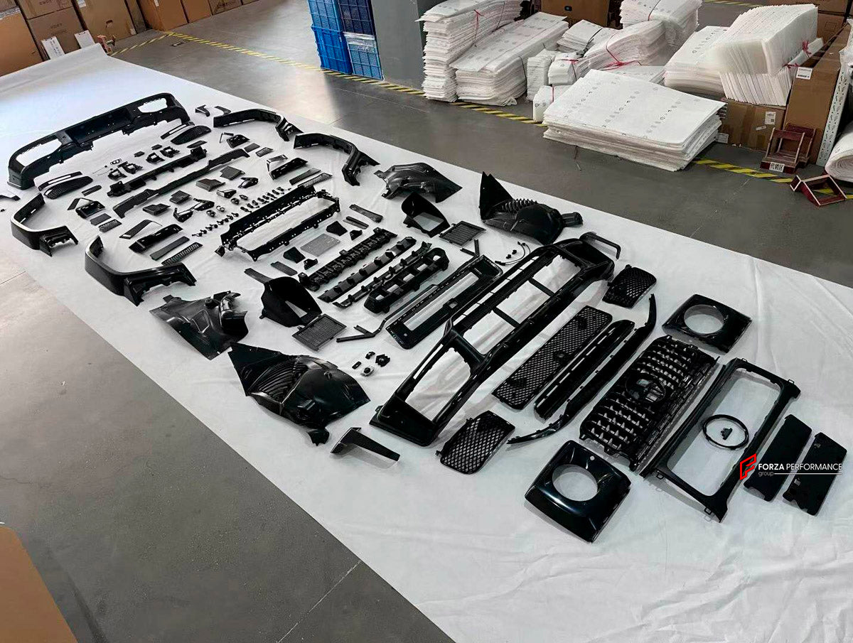 BODY KIT for Mercedes Benz G Class W465 G63 G500 2024+
Set includes:

Front Lip
Front Bumper Assembly
Front Grille
License Plate
Hood Bonnet
Front Fenders
Side Mirror Covers
Roof Light Bar
Rear Fenders
Roof Spoiler
Rear Diffuser
Rear Bumper Assembly
Material: Plastic

NOTE: Professional installation is required.