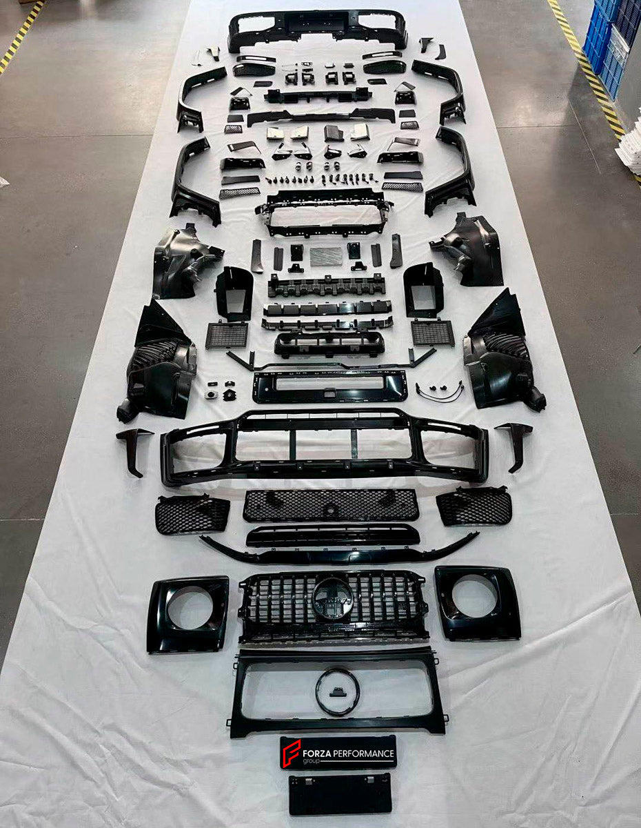 BODY KIT for Mercedes Benz G Class W465 G63 G500 2024+
Set includes:

Front Lip
Front Bumper Assembly
Front Grille
License Plate
Hood Bonnet
Front Fenders
Side Mirror Covers
Roof Light Bar
Rear Fenders
Roof Spoiler
Rear Diffuser
Rear Bumper Assembly
Material: Plastic

NOTE: Professional installation is required.