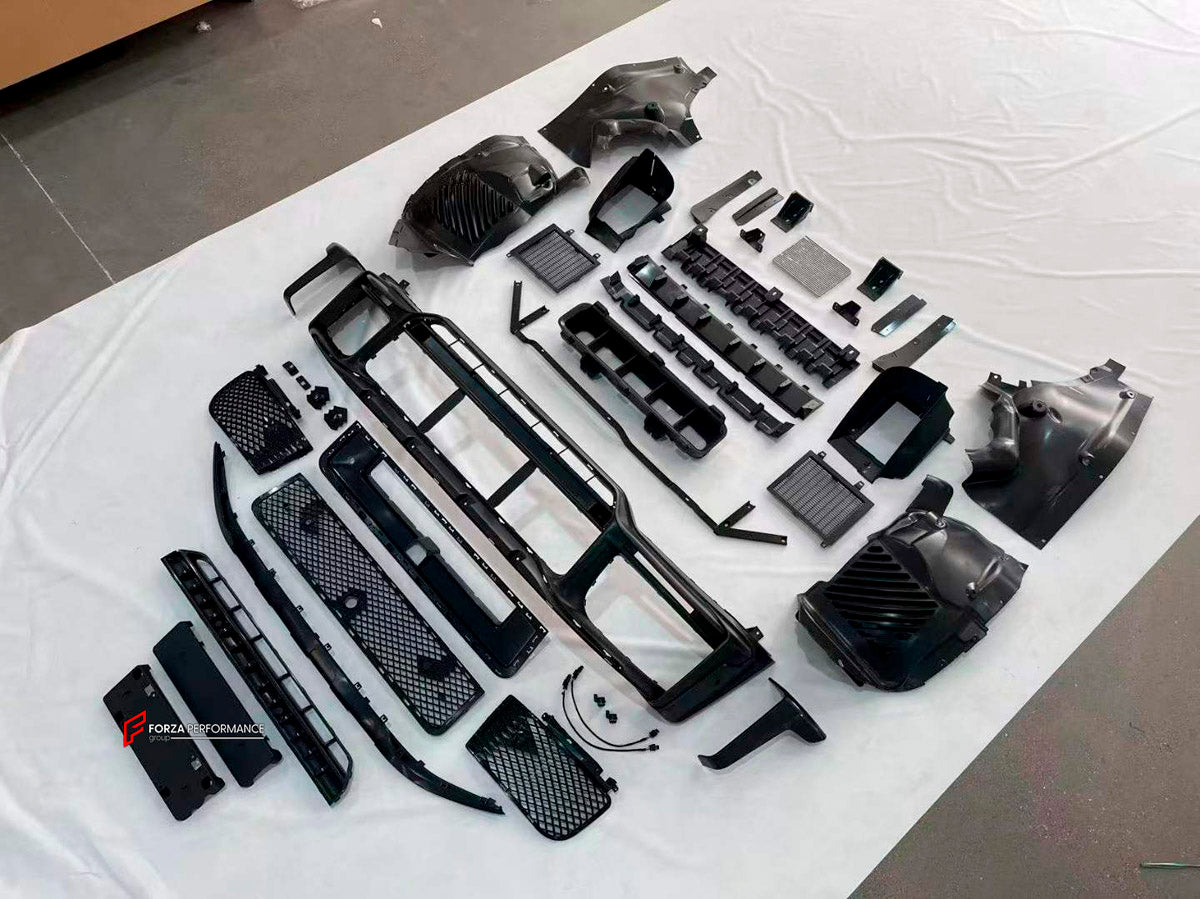 BODY KIT for Mercedes Benz G Class W465 G63 G500 2024+
Set includes:

Front Lip
Front Bumper Assembly
Front Grille
License Plate
Hood Bonnet
Front Fenders
Side Mirror Covers
Roof Light Bar
Rear Fenders
Roof Spoiler
Rear Diffuser
Rear Bumper Assembly
Material: Plastic

NOTE: Professional installation is required.