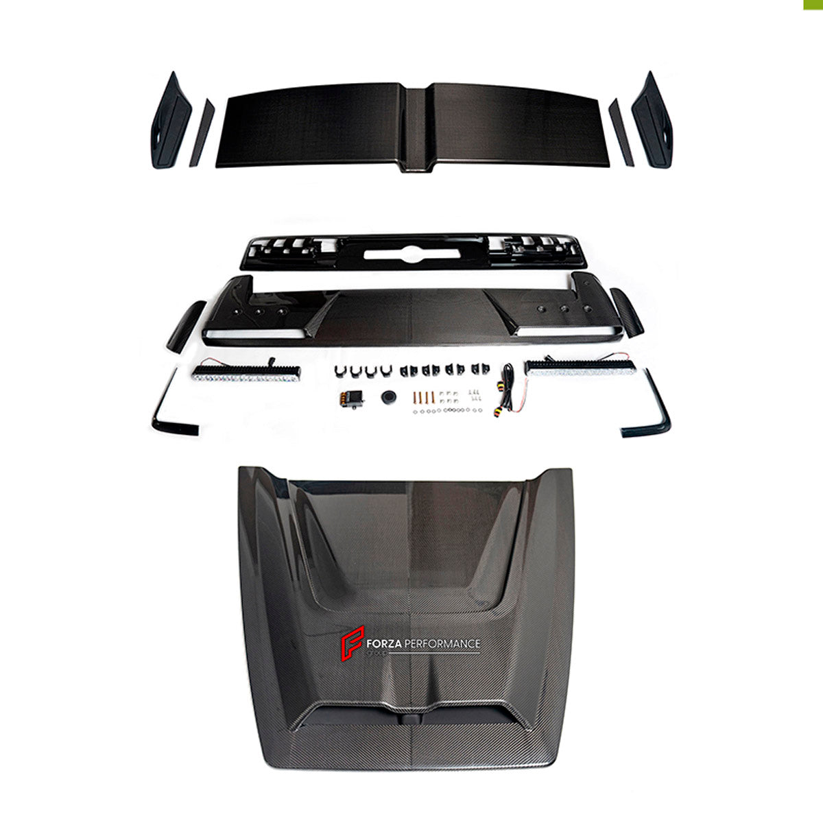 BODY KIT for Mercedes Benz G Class W465 G63 G500 2024+
Set includes:

Front Lip
Front Bumper Assembly
Front Grille
License Plate
Hood Bonnet
Front Fenders
Side Mirror Covers
Roof Light Bar
Rear Fenders
Roof Spoiler
Rear Diffuser
Rear Bumper Assembly
Material: Plastic

NOTE: Professional installation is required.
