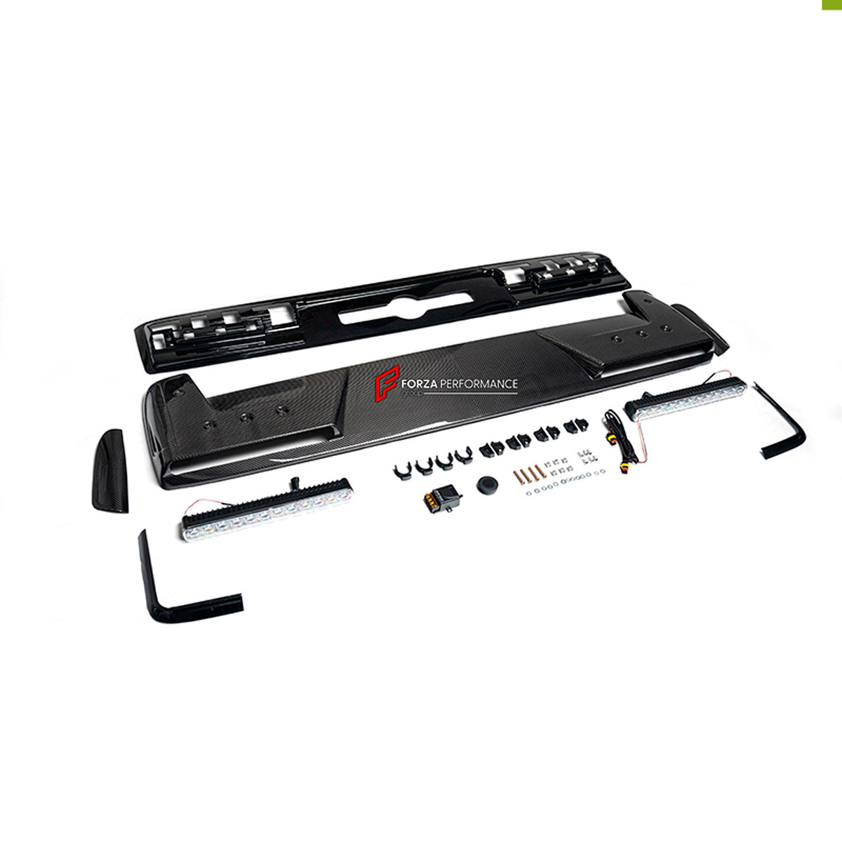 BODY KIT for Mercedes Benz G Class W465 G63 G500 2024+
Set includes:

Front Lip
Front Bumper Assembly
Front Grille
License Plate
Hood Bonnet
Front Fenders
Side Mirror Covers
Roof Light Bar
Rear Fenders
Roof Spoiler
Rear Diffuser
Rear Bumper Assembly
Material: Plastic

NOTE: Professional installation is required.