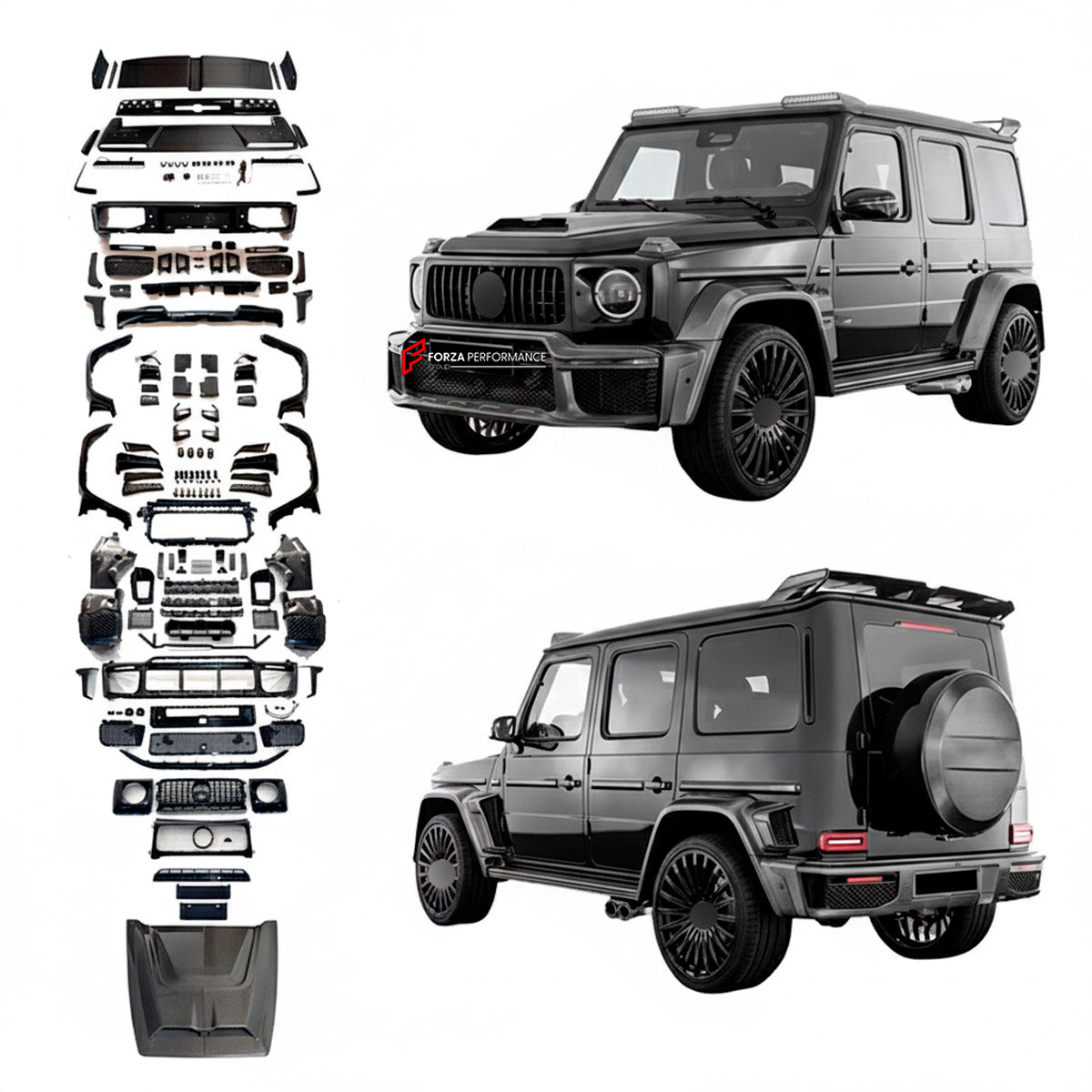 BODY KIT for Mercedes Benz G Class W465 G63 G500 2024+
Set includes:

Front Lip
Front Bumper Assembly
Front Grille
License Plate
Hood Bonnet
Front Fenders
Side Mirror Covers
Roof Light Bar
Rear Fenders
Roof Spoiler
Rear Diffuser
Rear Bumper Assembly
Material: Plastic

NOTE: Professional installation is required.