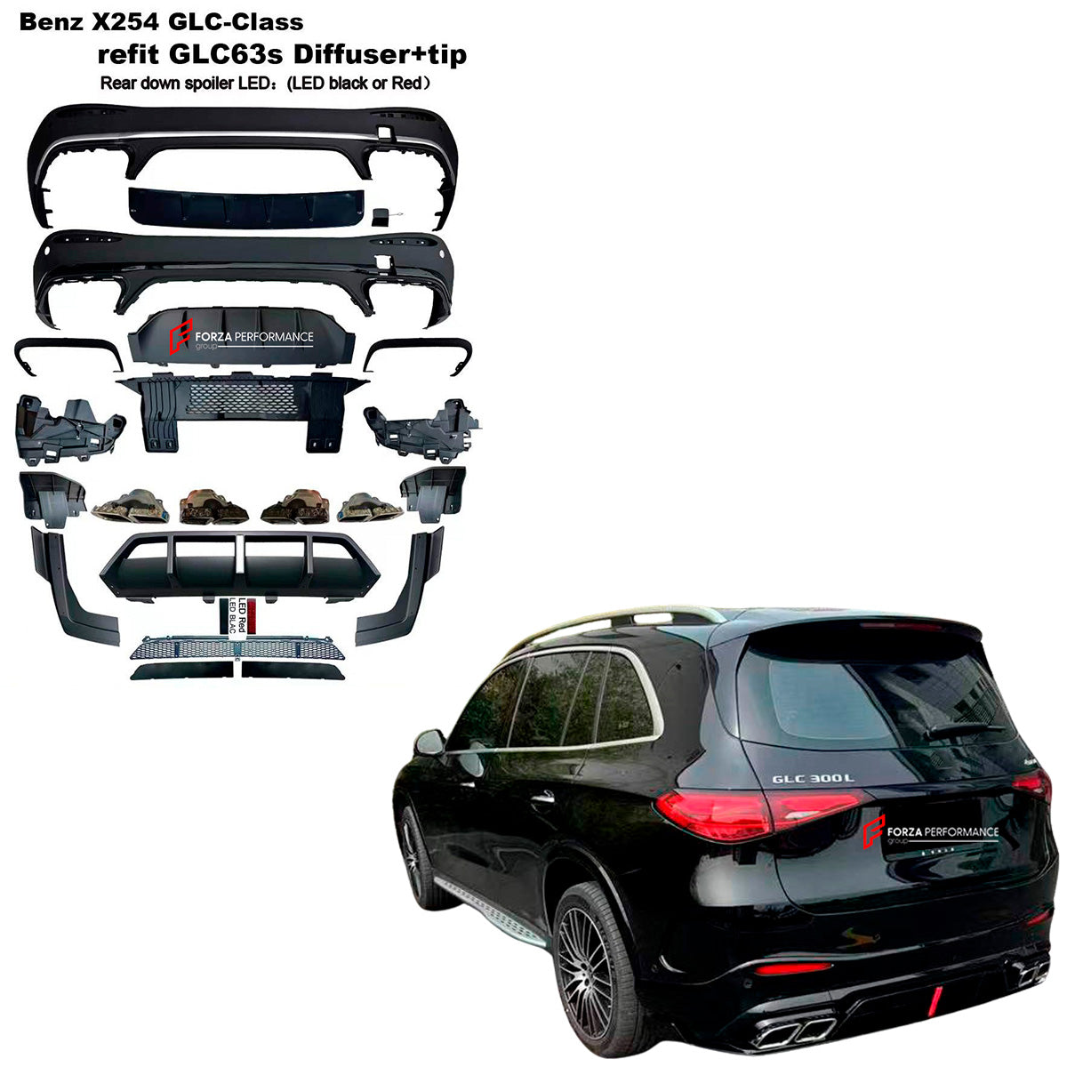 CONVERSION BODY KIT for MERCEDES BENZ GLC CLASS X254 2022+ UPGRADE to GLC63S FACELIFT

Set includes:

Rear Bumper Assembly
Rear Diffuser with LED
Exhaust Tips

Material: Plastic


Note: Professional installation is required.

Payment ►
Visa

Mastercard

PayPal with a credit card (add 4.4% at checkout)
Payoneer
Cryptocurrency
Shipment ►
By express DHL/UPS/TNT/FedEx
To the local international airport
Special line by air
Special line by the sea
To Europe and the UK by train

Please let us know which shipping o