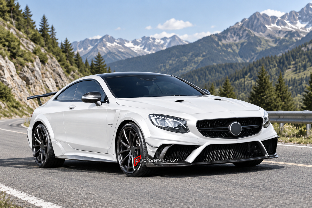 BODY KIT for MERCEDES-BENZ S CLASS COUPE AMG S63 C217 2014 - 2021 FORZA PERFORMANCE custom fit Mansory Style

Set includes:
Front Lip
Front Bumper Canards
Front Fenders
Side Skirts
Rear Bumper Fins
Rear Diffuser

Material: Plastic

NOTE: Professional installation is required.