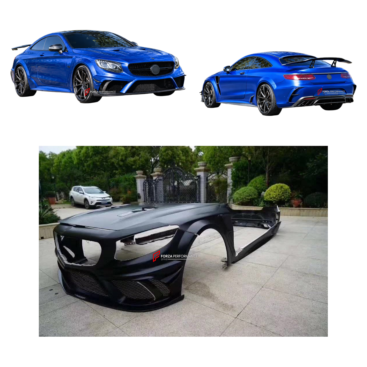 BODY KIT for MERCEDES-BENZ S CLASS COUPE C217 2014 - 2021 FORZA PERFORMANCE custom fit Mansory Style

Set includes:
Front Lip
Front Bumper Assembly
Front Fenders
Side Skirts
Rear Bumper
Rear Diffuser

Material: Plastic

NOTE: Professional installation is required.