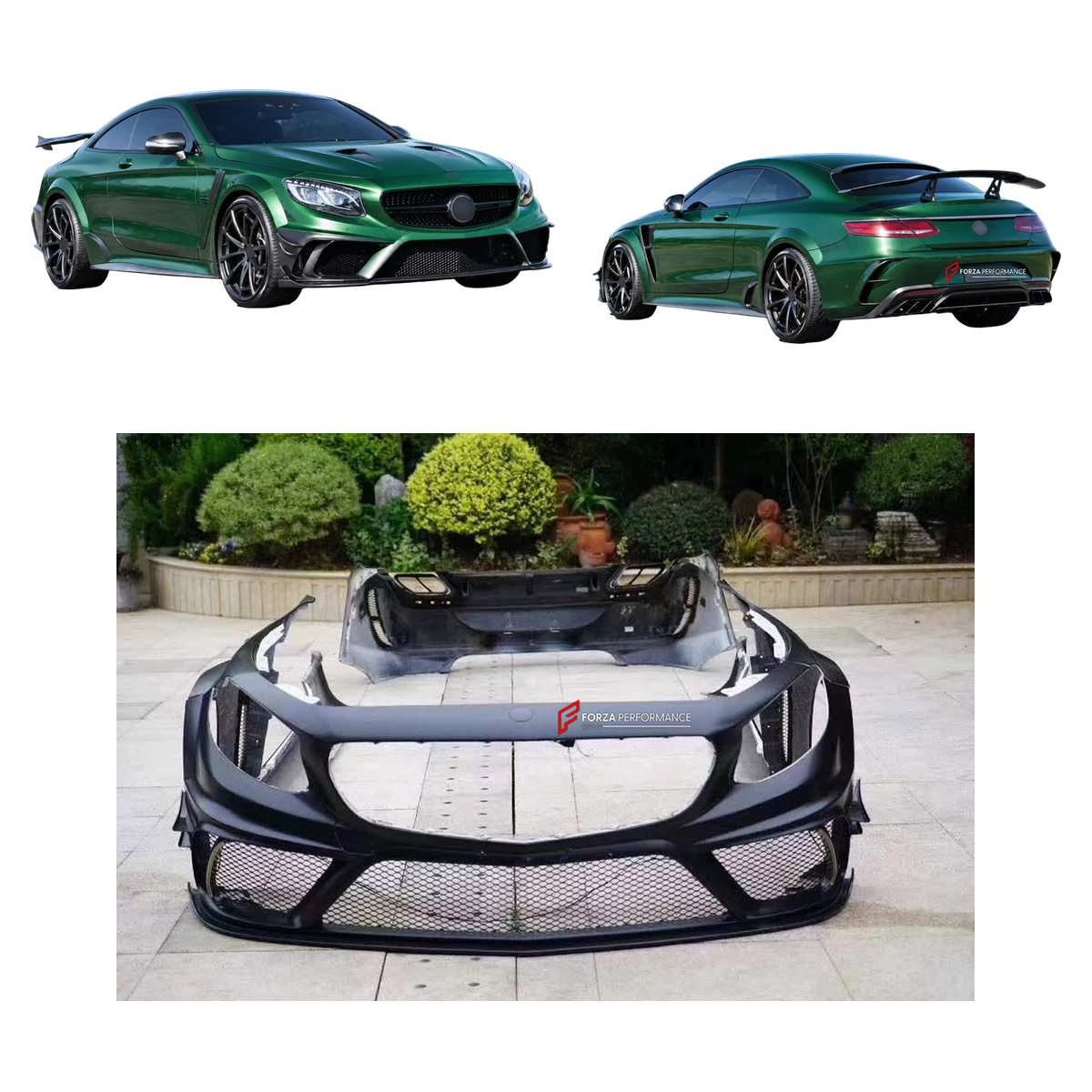 BODY KIT for MERCEDES-BENZ S CLASS S63 C217 COUPE 2014 - 2021 FORZA PERFORMANCE custom fit Mansory Style

Set includes:
Front Lip
Front Bumper Assembly
Front Fenders
Side Skirts
Rear Bumper
Rear Diffuser

Material: Plastic

NOTE: Professional installation is required.