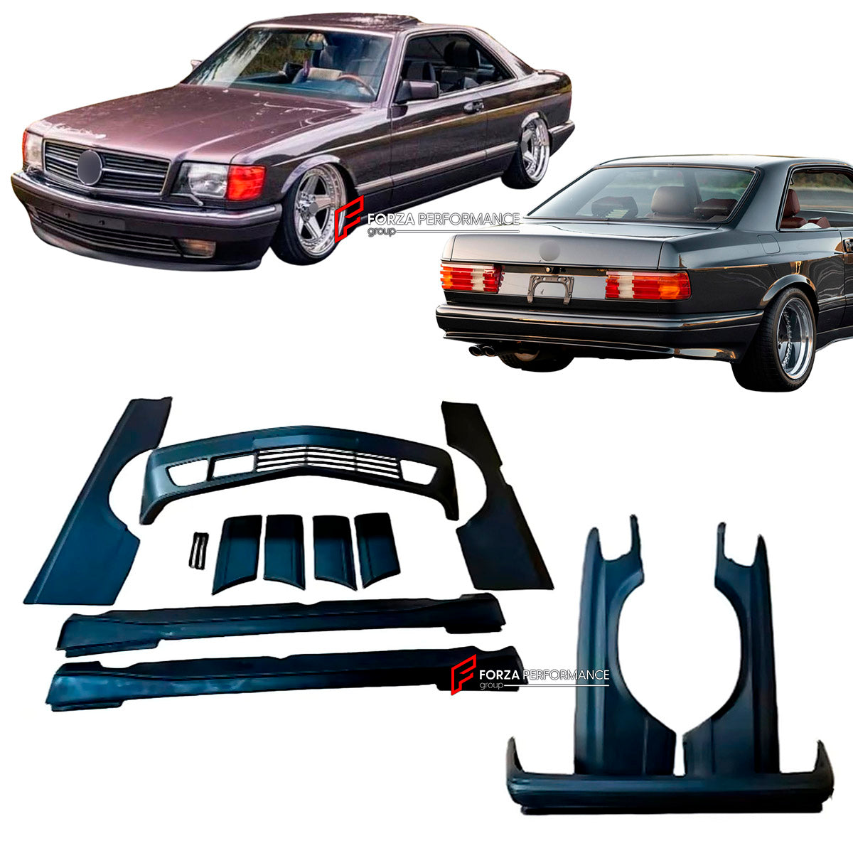 BODY KIT for Mercedes Benz S CLASS W126 1981 - 1991
Set includes:

Front Bumper
Front Fenders
Side Skirts
Side Moldings
Rear Fenders
Rear Bumper
Material: Plastic

NOTE: Professional installation is required.