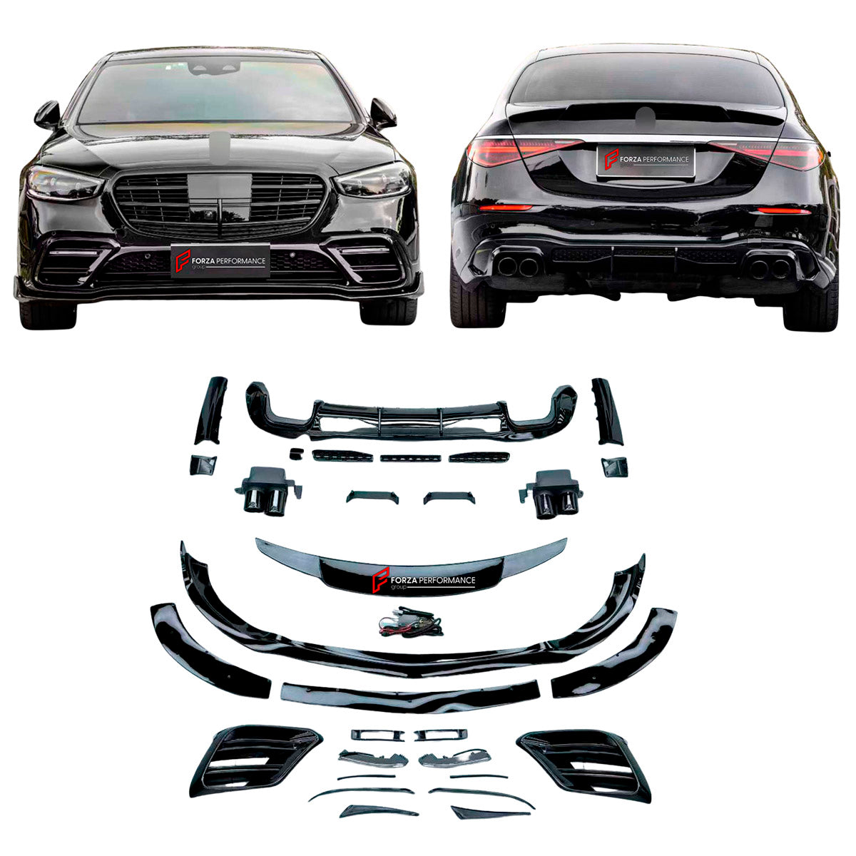 BODY KIT for Mercedes Benz S Class W223 2020+
Set includes:

Front Lip
Front Bumper Vents
Ducktail Spoiler
Rear Diffuser
Exhaust Tips
Material: Plastic

NOTE: Professional installation is required.