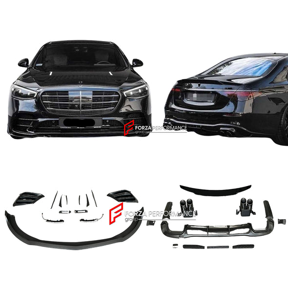 Body kit for Mercedes Benz S Class W223  Set include:   Front lip  Front bumper splitters Spoiler  Rear diffuser with exhaust tips  MATERIAL: Plastic PP