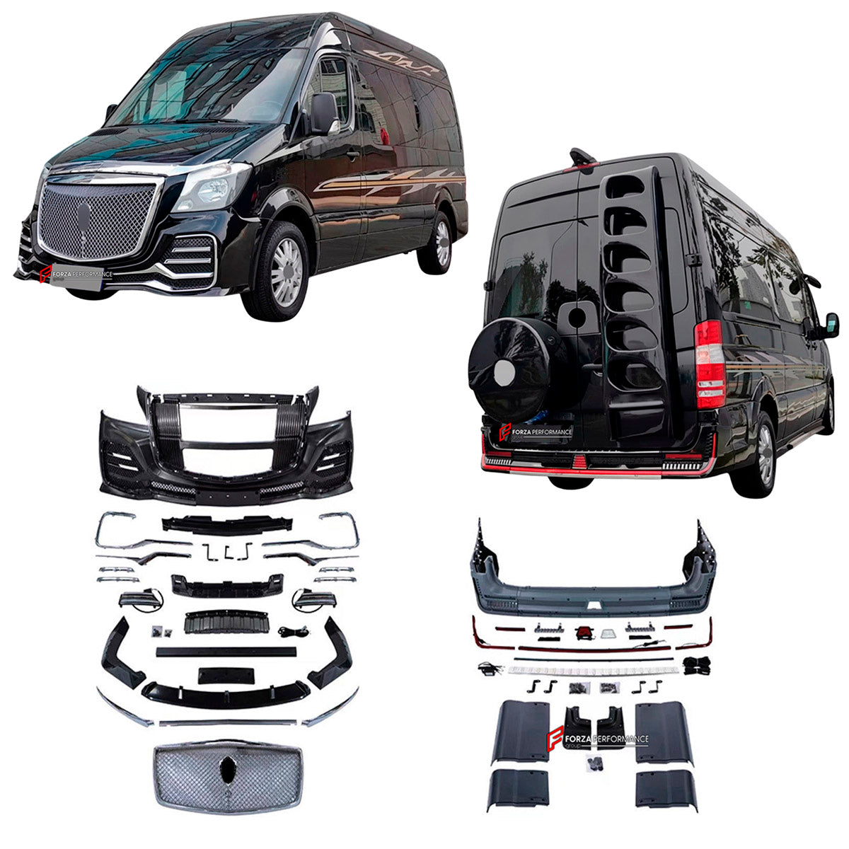 BODY KIT for MERCEDES BENZ SPRINTER W906 FACELIFT 2014 - 2018 FORZA PERFORMANCE BL Style
Set includes:

Front Lip
Front Bumper Assembly
Front Grille
License Plate
Side Skirts
Rear Bumper Assembly
Material: Plastic

NOTE: Professional installation is required