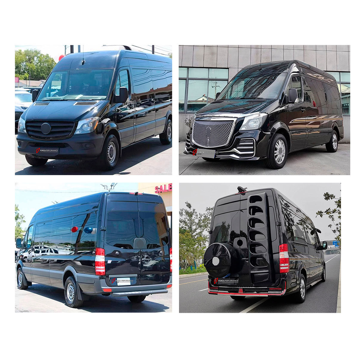 BODY KIT for MERCEDES BENZ SPRINTER W906 FACELIFT 2014 - 2018 FORZA PERFORMANCE BL Style
Set includes:

Front Lip
Front Bumper Assembly
Front Grille
License Plate
Side Skirts
Rear Bumper Assembly
Material: Plastic

NOTE: Professional installation is required