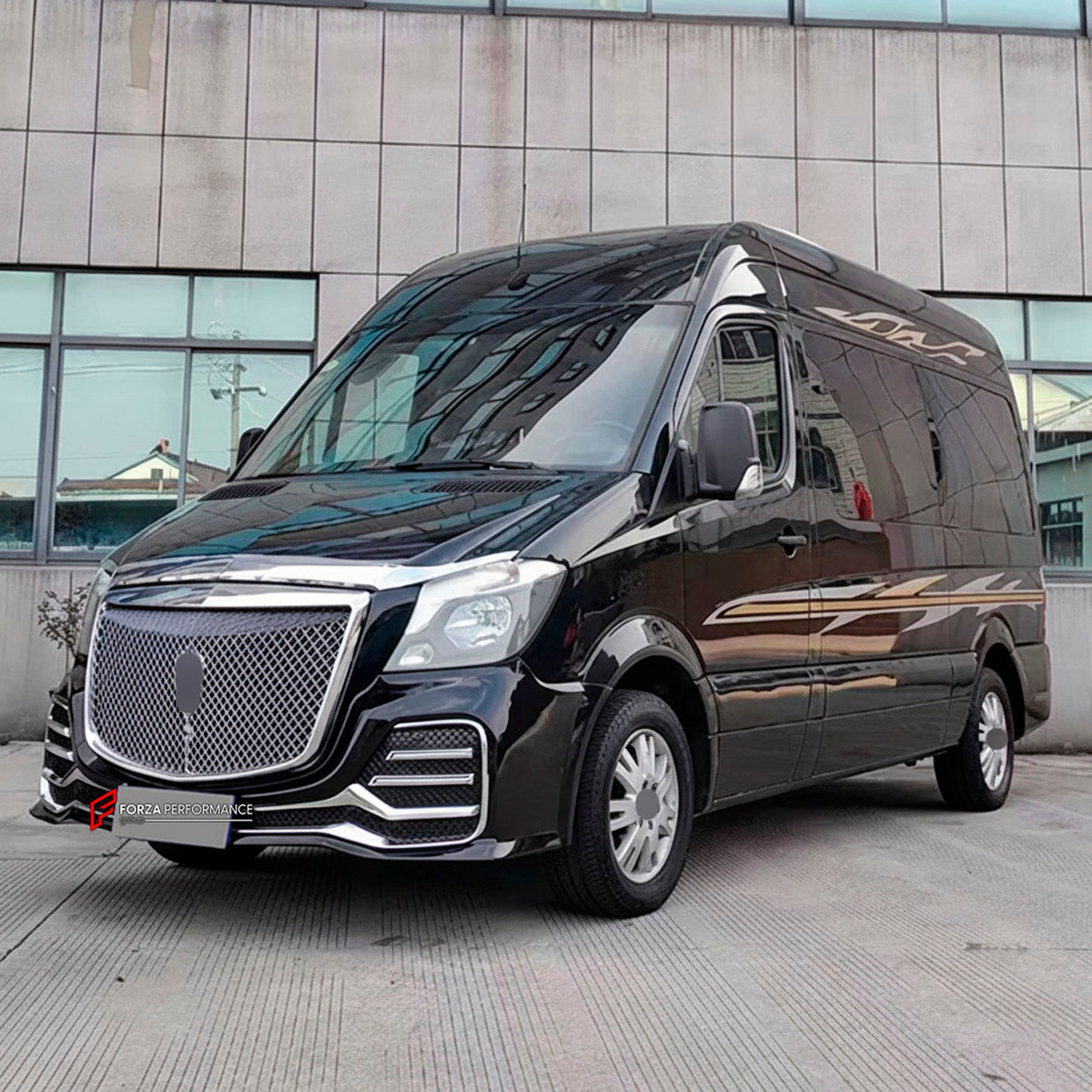 BODY KIT for MERCEDES BENZ SPRINTER W906 FACELIFT 2014 - 2018 FORZA PERFORMANCE BL Style
Set includes:

Front Lip
Front Bumper Assembly
Front Grille
License Plate
Side Skirts
Rear Bumper Assembly
Material: Plastic

NOTE: Professional installation is required